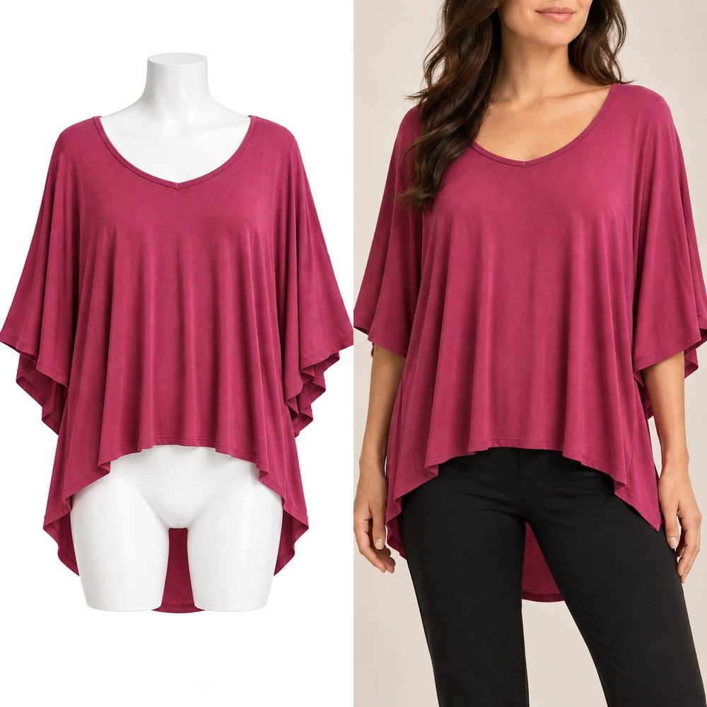 H by Halston Poncho Top Women Medium Magenta V-Neck Cape Sleeve High Low Hem